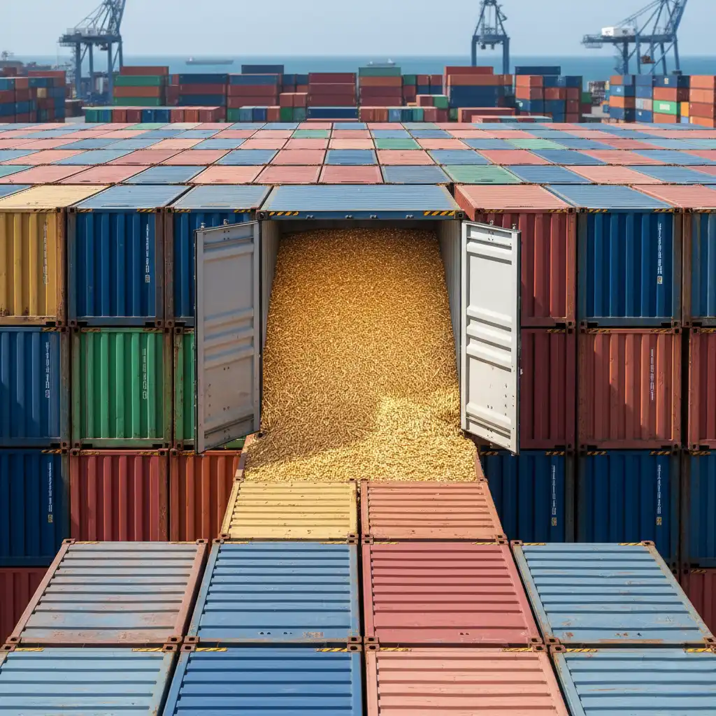 کانتینرهای حمل غله در بندر آماده برای صادرات و واردات