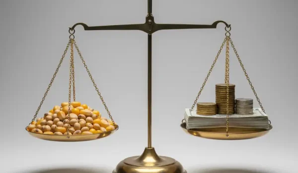 ترازوی متعادل بین غلات و پول نماد تحلیل هزینه خوراک